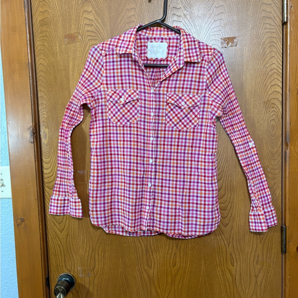 Sonoma Pink and White Plaid Button Down Shirt